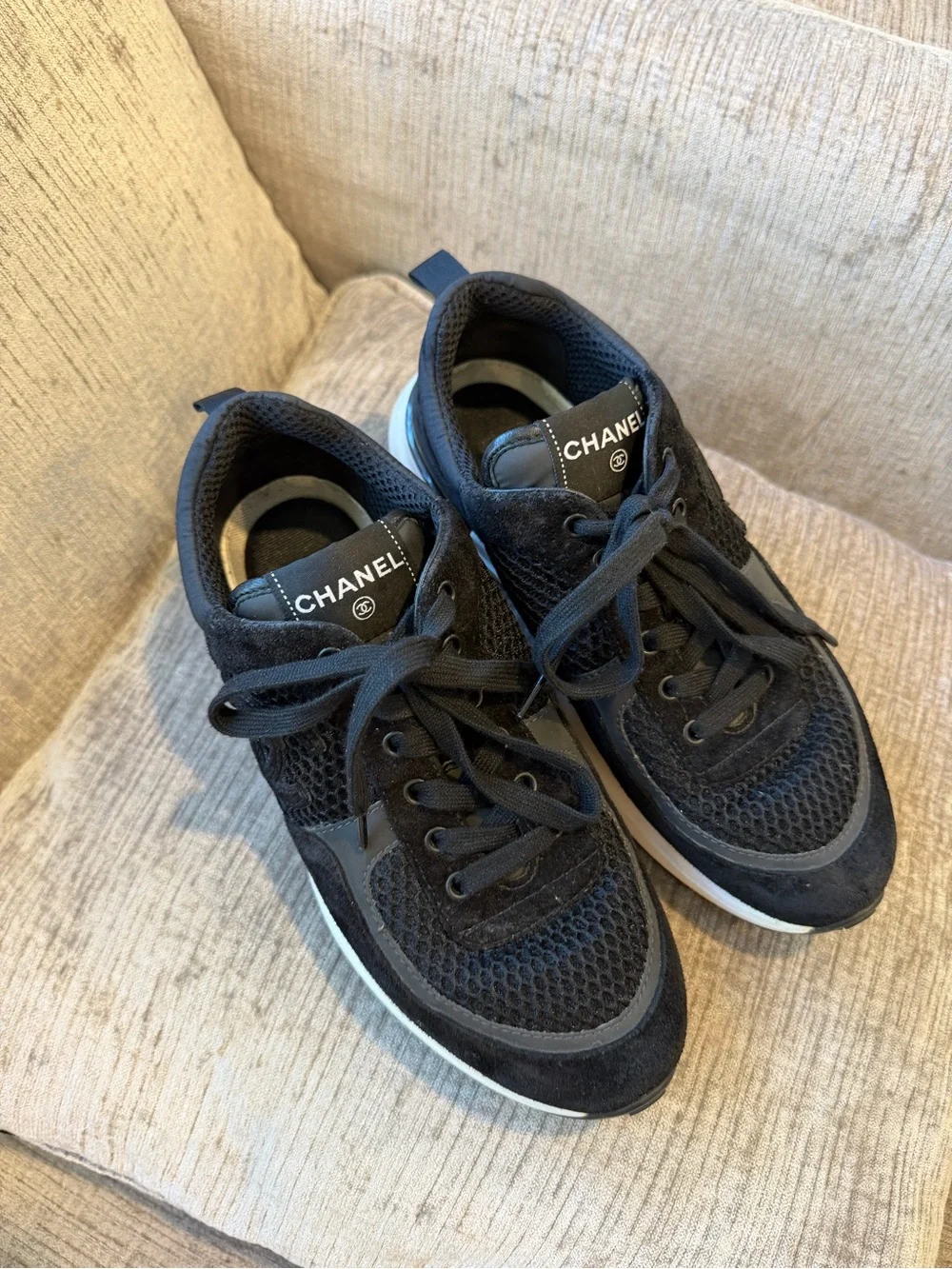 CHANEL Calfskin Mesh Lycra Suede Womens Logo Sneakers ⭐️size 38 AUTHENTIC